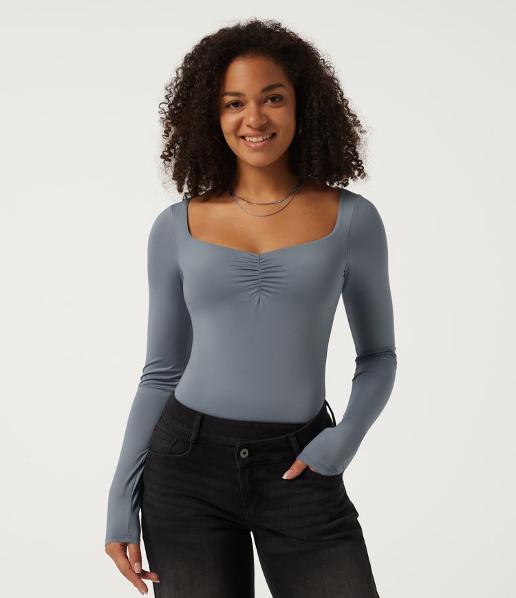 Diamond Collar Long Sleeve Built-in Bra Ruched Casual Bodysuit