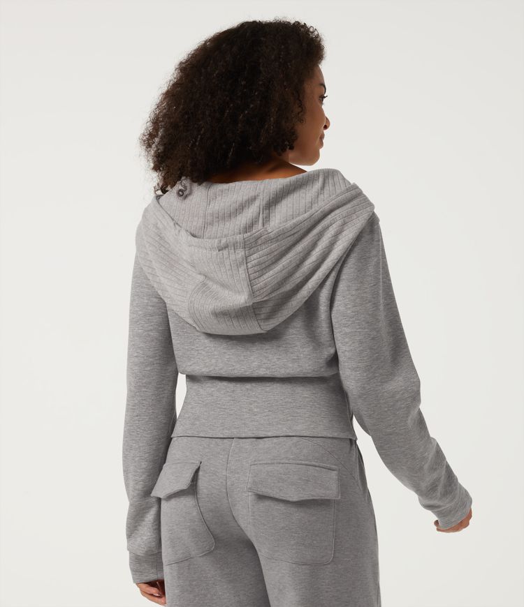 Mottled Grey Hooded Long Sleeve Casual Sweatshirt with Pockets / 2