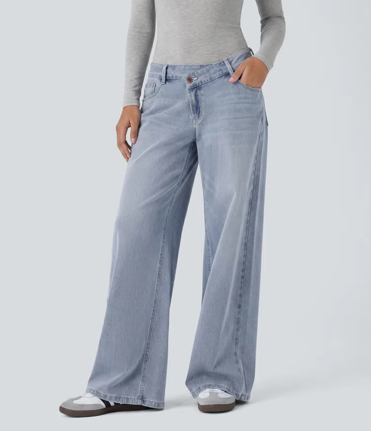 Halara Flex™ Asymmetric Low Rise Zipper Pockets Baggy Wide Leg Washed Casual Jeans