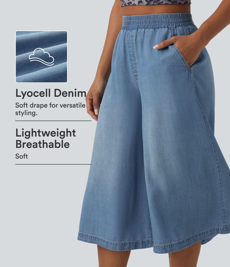 High Waisted Wide Leg Lightweight Summer Capri Casual Jeans with Pockets