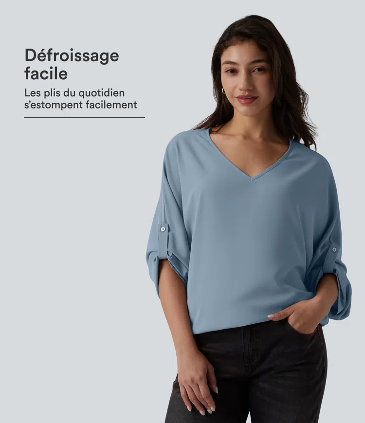 Blouse esprit bureau défroissage facile, col V et manches longues