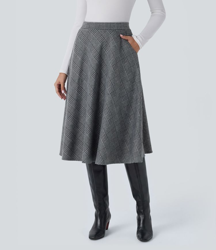 High Waisted Pocket Houndstooth Plaid Flare Midi Casual Skirt
