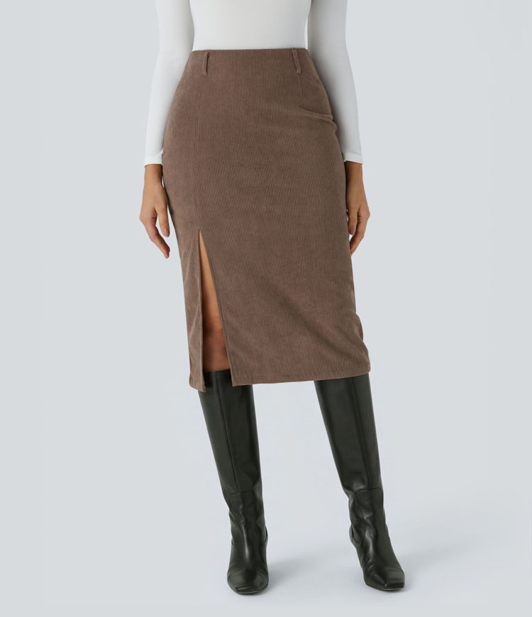 High Waisted Hem Midi Corduroy Casual Skirt