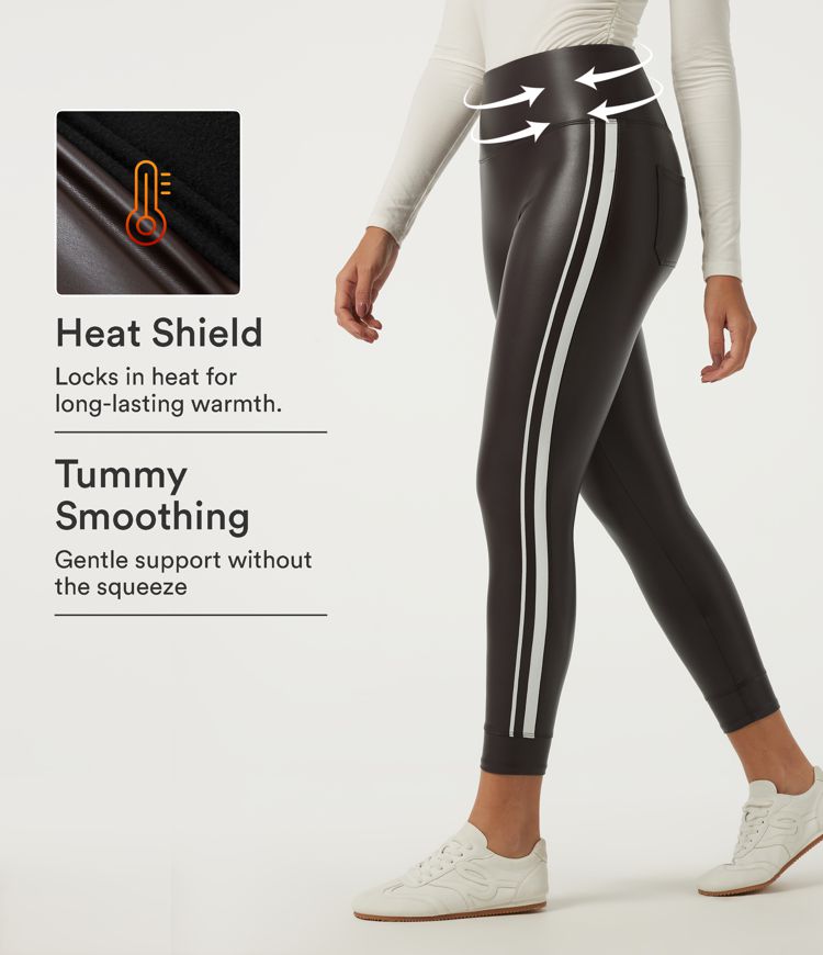 Leggings casual ajustados de tiro alto con control abdominal, diseño color block, elásticos, en PU con forro polar, con bolsillos