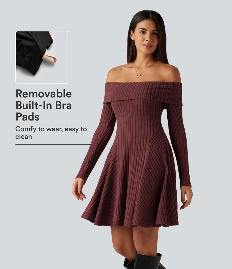 Ribbed Knit Off Shoulder Long Sleeve Built-in Bra Mini Casual Dress with Pockets