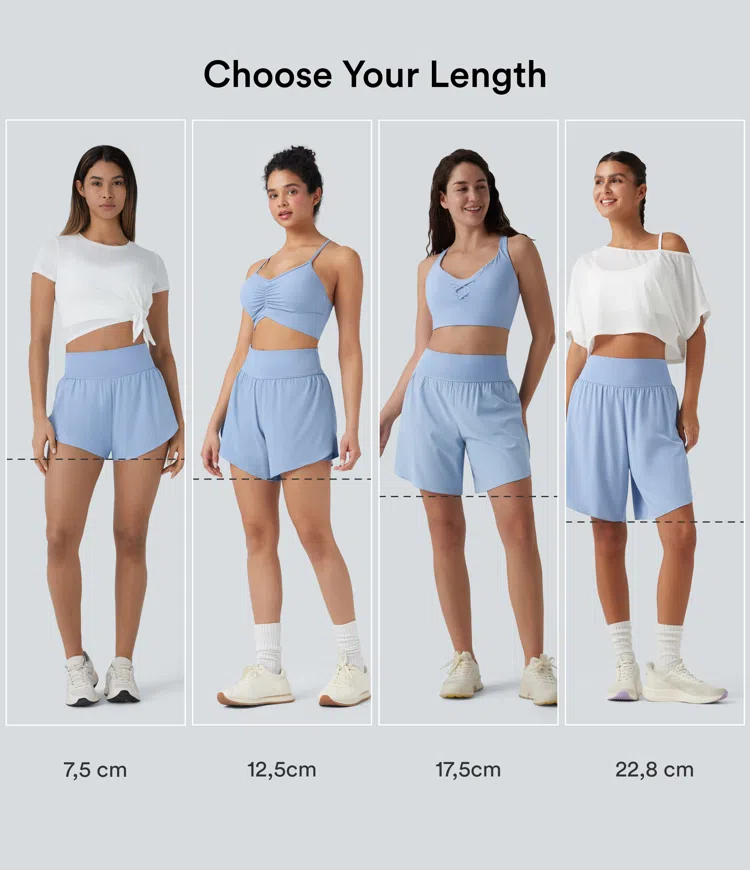 Sky Blue SoftlyZero™ QuickDry High Waisted Tummy Control Reflective Dots Crossover Hem 2-in-1 Running Shorts 3'' with Pockets / 2