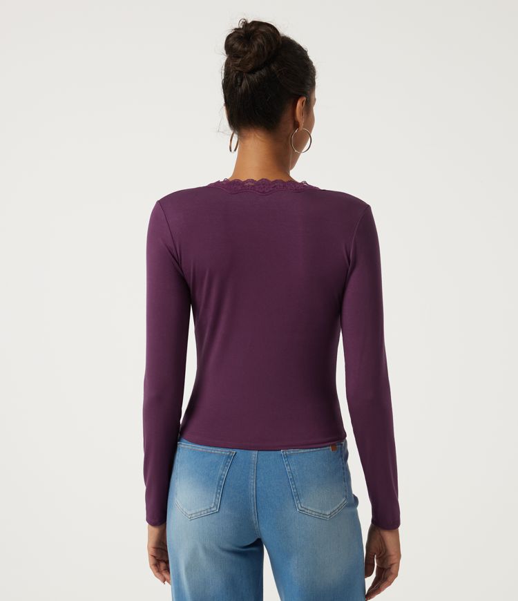 Pickled Beet V Neck Long Sleeve Contrast Lace Casual Top / 2