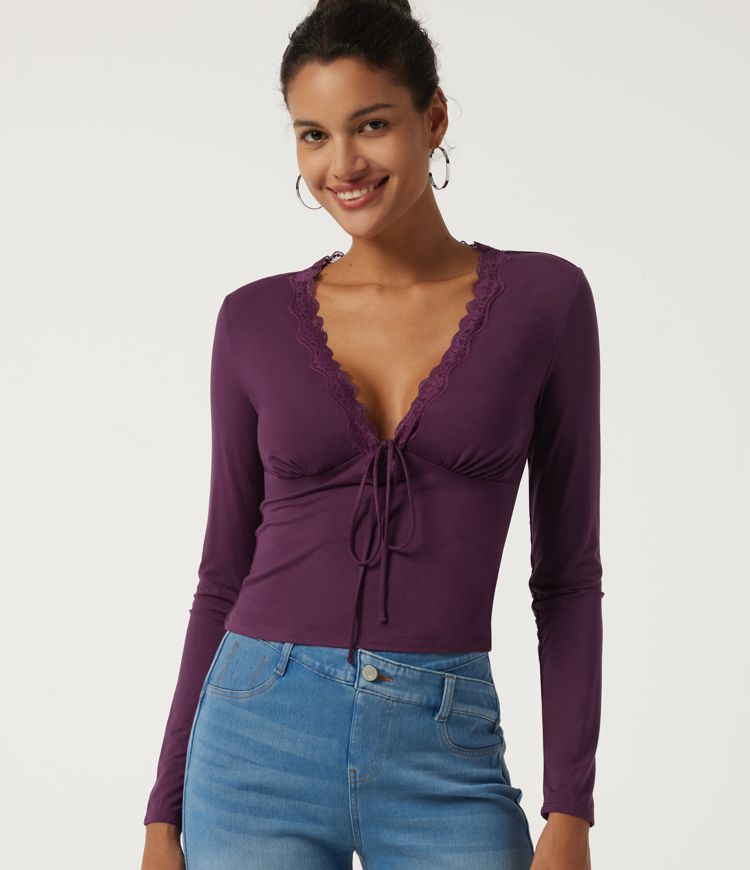 V Neck Long Sleeve Contrast Lace Casual Top
