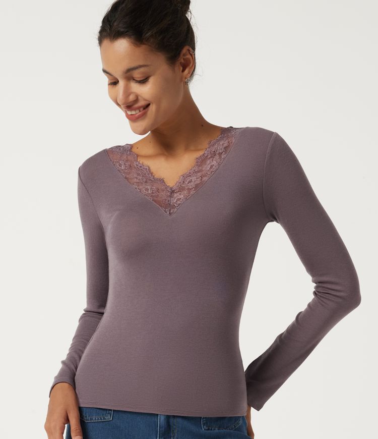Sweetheart Neck Long Sleeve Contrast Lace Casual Top