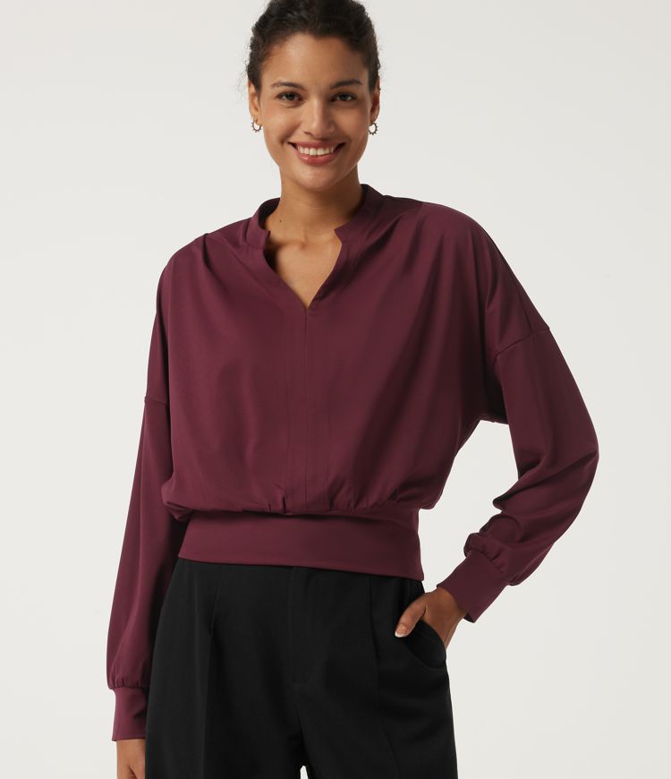 V Neck Long Sleeve Plain Work Blouse