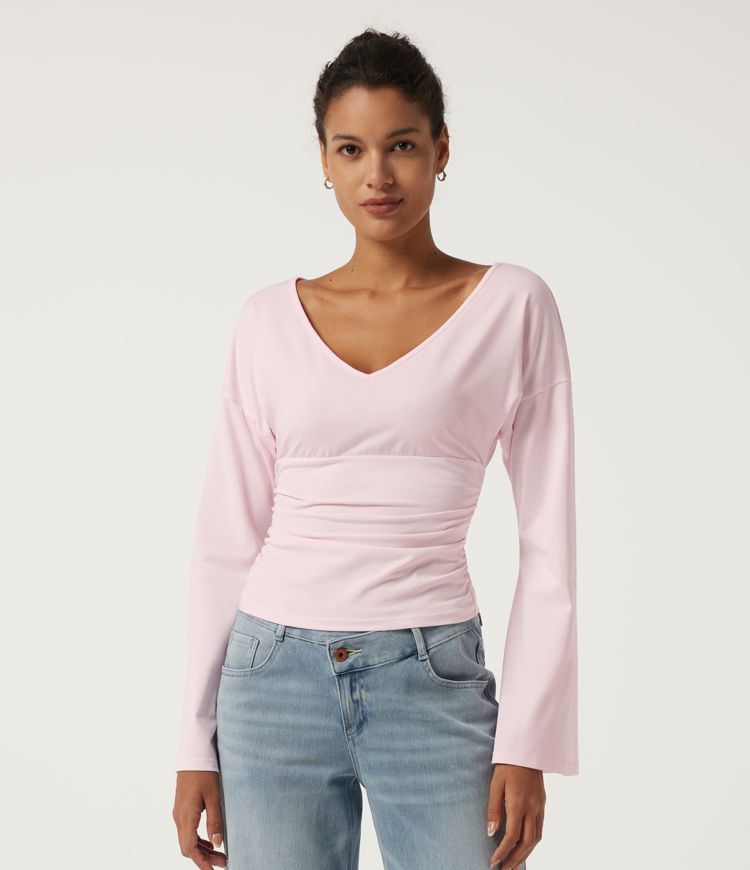 Deep V Neck Long Bishop Sleeve Ruched Slim Cotton Casual Top
