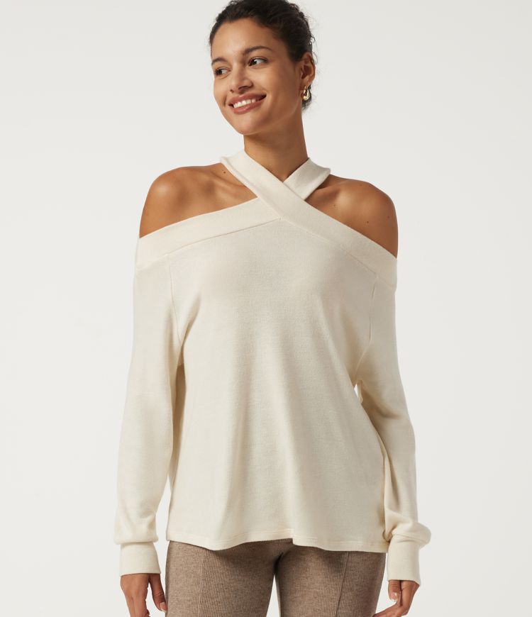 Halter Neck Puff Long Sleeve Crossover Casual Top