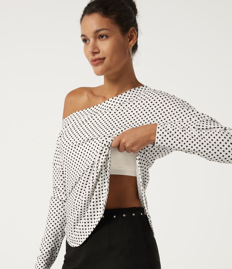 One Shoulder Long Sleeve Polka Dot Casual Top with Built-in Bra