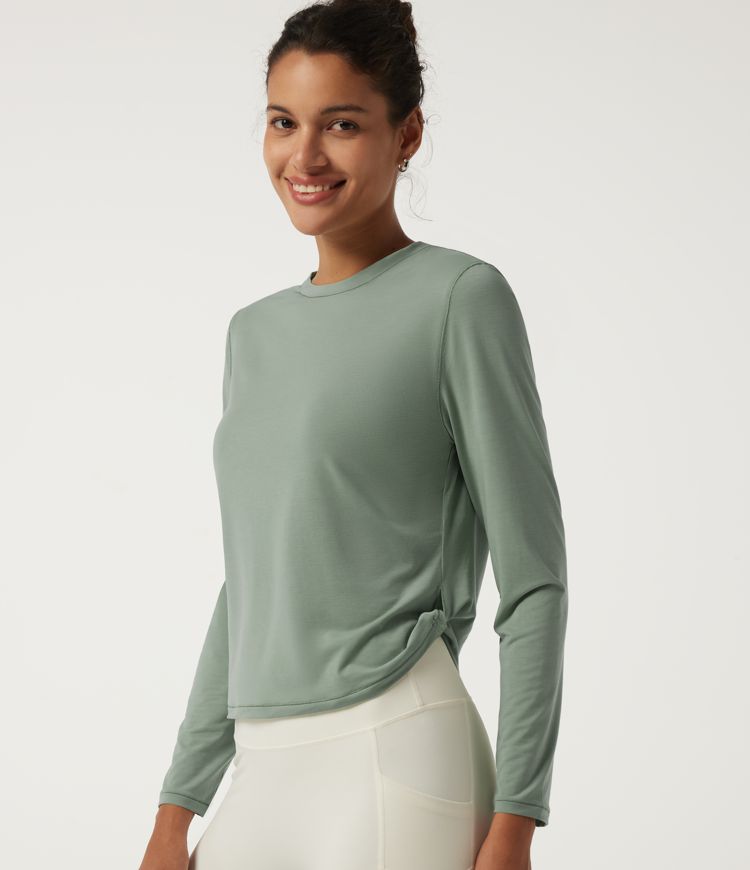 Round Neck Long Sleeve Curved Hem Quick Dry Yoga Sports Top