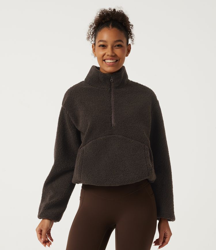 Mock Neck Long Sleeve Gathered Hem Fleece Casual Sweatshirt with Pockets