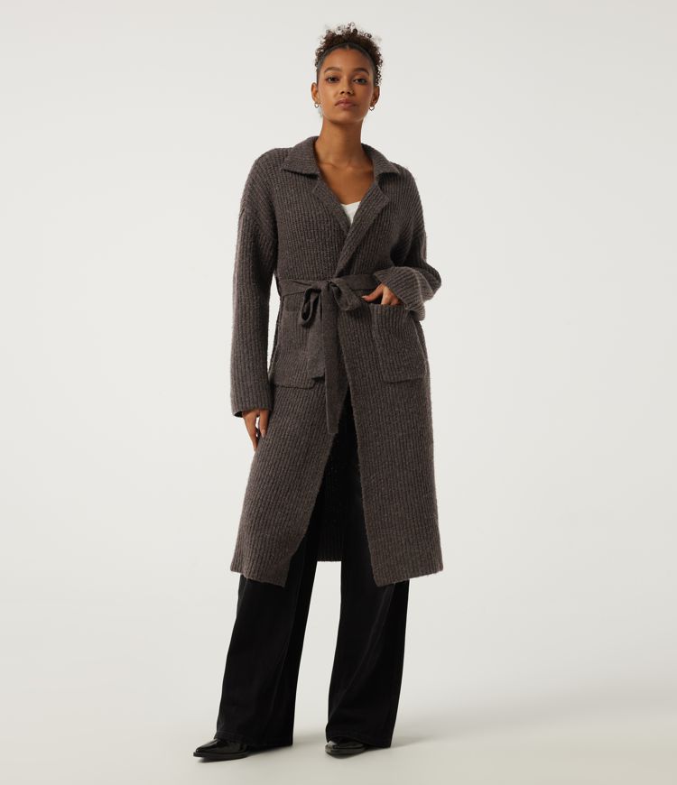 Lapel Collar Long Sleeve Adjustable Waist Belted Work Cardigan with Pockets