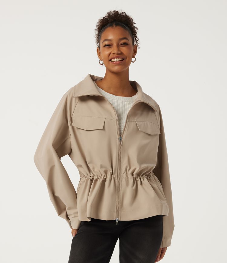 Lapel Collar Raglan Long Sleeve Durable Water Repellent Work Faux Leather Jacket with Pockets