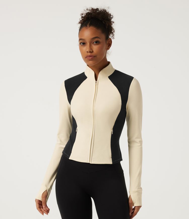 Stand Collar Long Sleeve Color Block Yoga Track Jacket with Pockets and Thumbholes