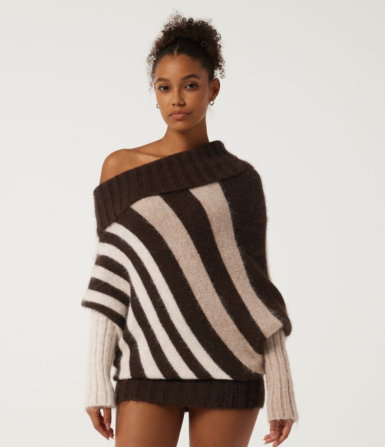 Cream Top Stripe Batwing Long Sleeve Stripe Casual Sweater / 1