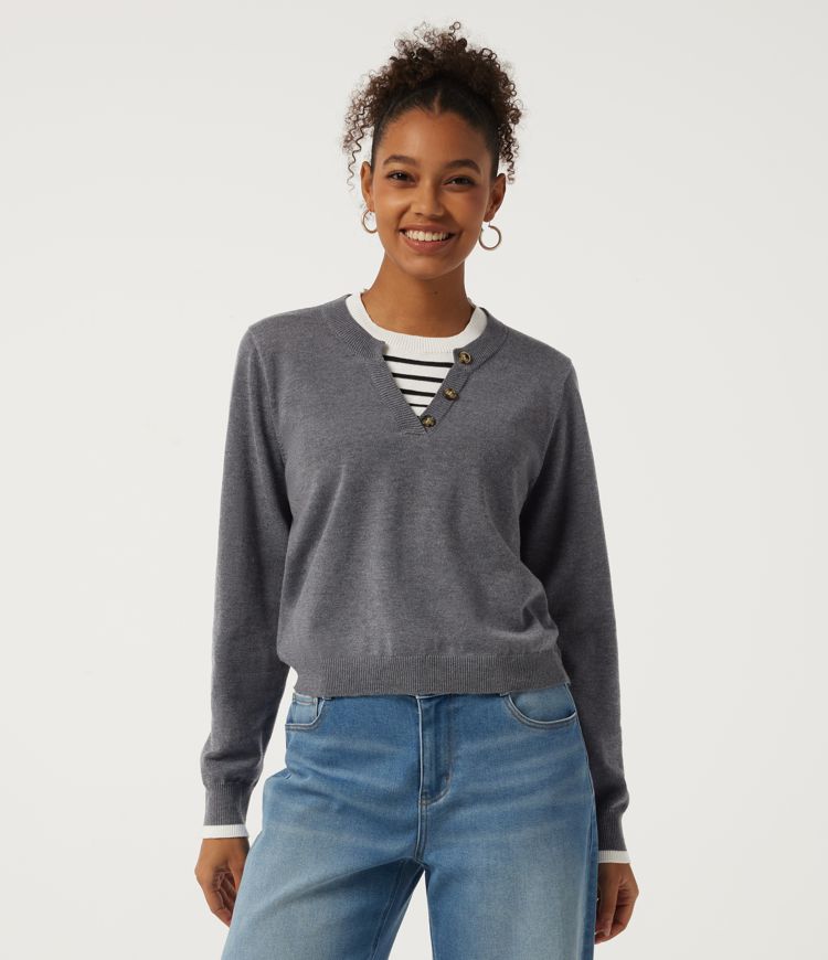 Round Neck Long Sleeve Stripe Work Sweater
