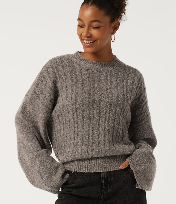 Stand Collar Drop Shoulder Bell Sleeve Long Sleeve Work Sweater