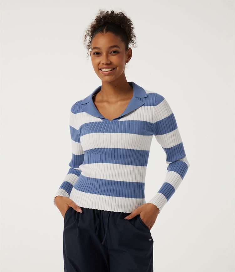 Lapel Collar Stripe Long Sleeve Casual Sweater