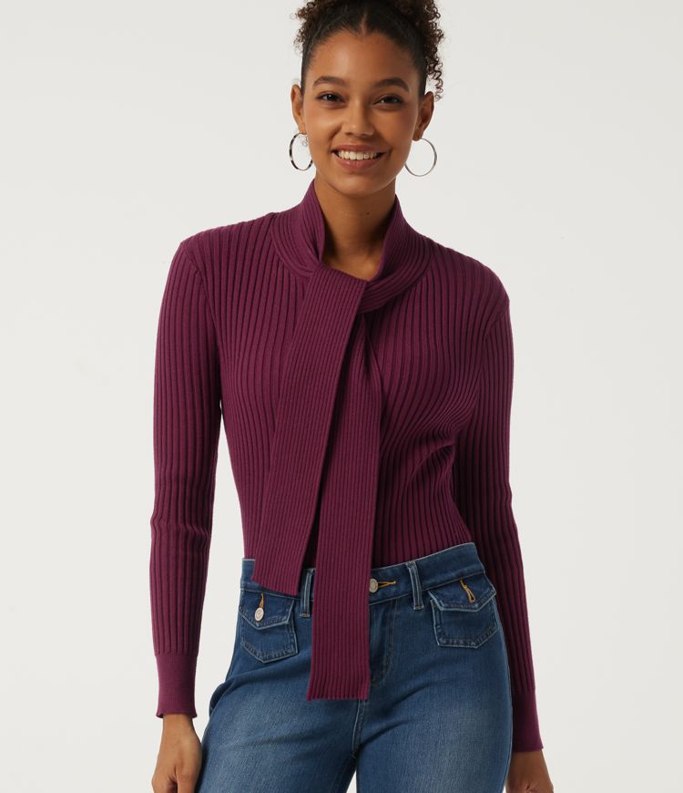 Scarf Neck Long Sleeve Work Sweater