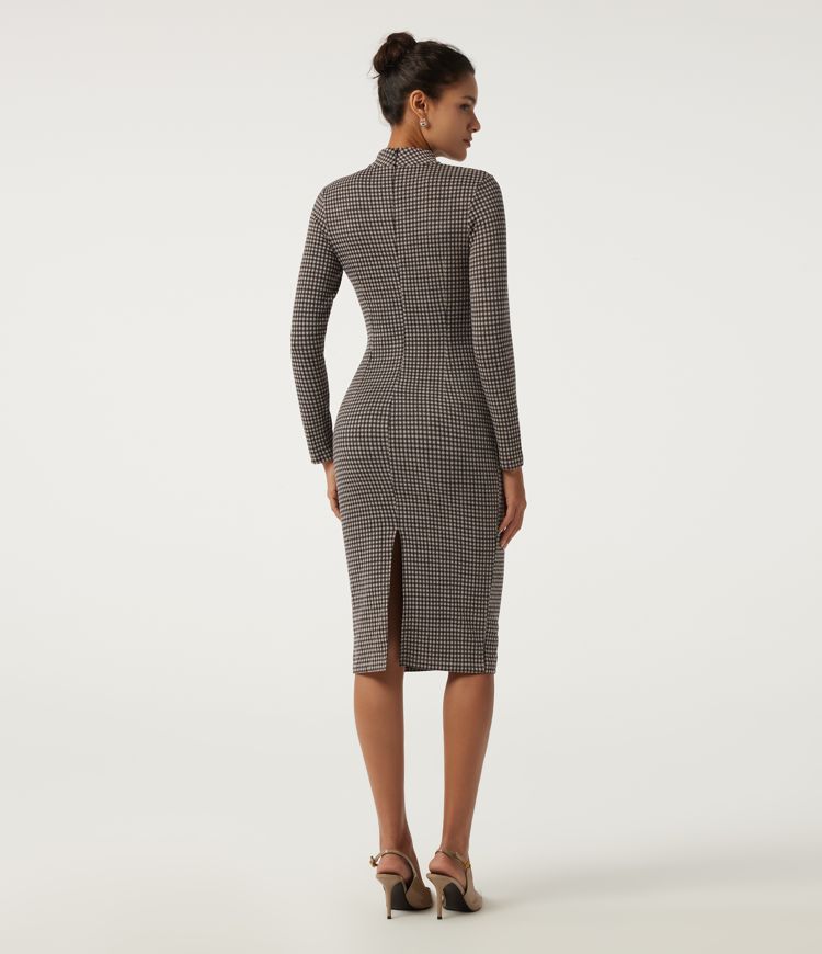 Latte Night Grid Mock Neck Long Sleeve Patterned Bodycon Work Midi Dress / 2