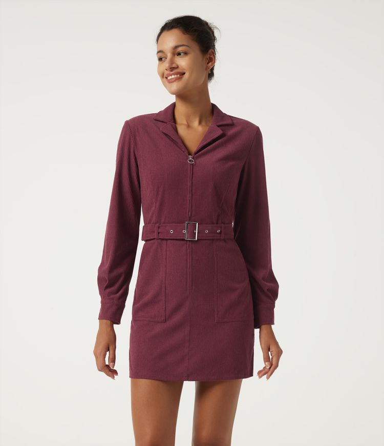 Lapel Collar Long Sleeve Belted  A-Line Corduroy Casual Mini Dress with Pockets
