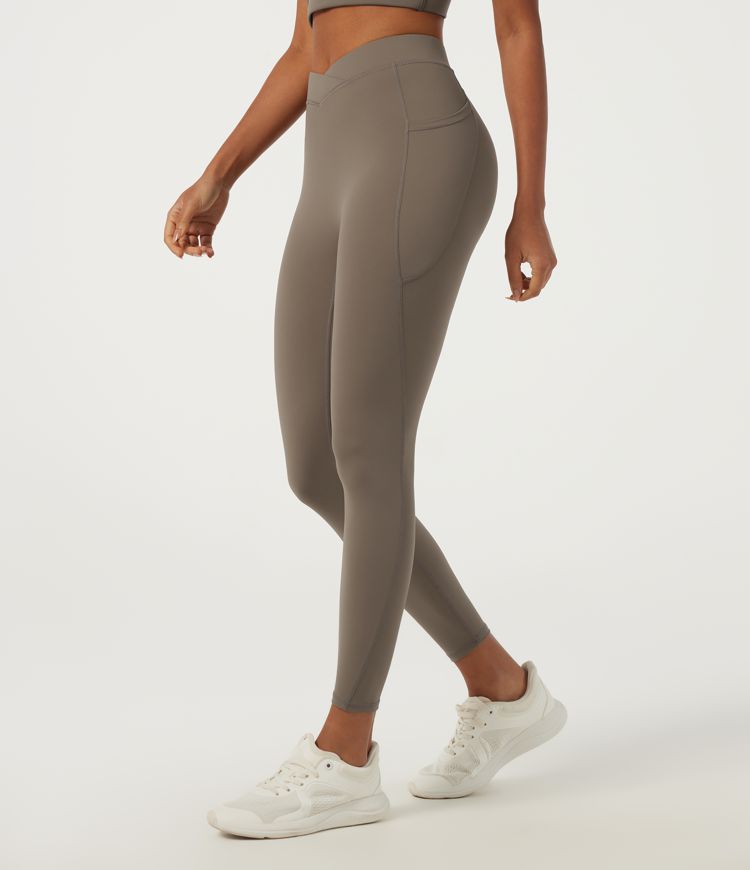 Hay Brown Mid Rise Crossover InstantCool Quick Dry Running Leggings with Pockets / 1