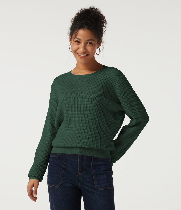 Round Neck Long Sleeve Waffle Casual Jumper