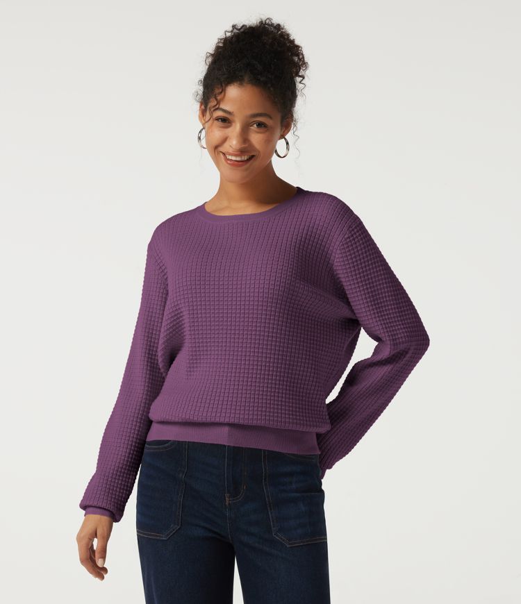 Round Neck Long Sleeve Waffle Casual Sweater