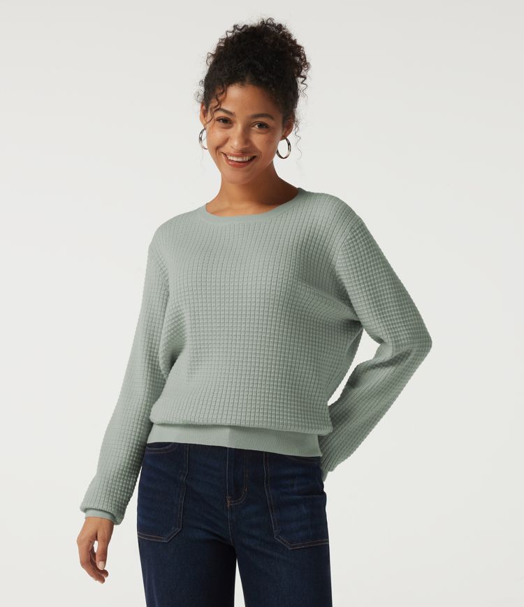 Round Neck Long Sleeve Waffle Casual Jumper