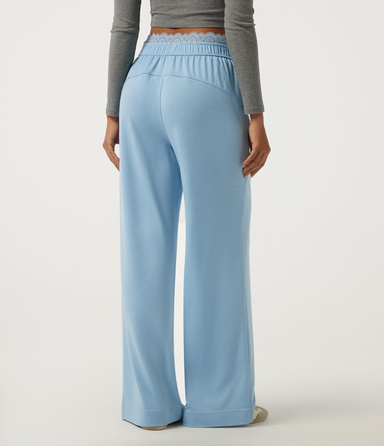 Airy Blue Mid Rise Straight Leg Contrast Lace Casual Sweatpants with Pockets / 2