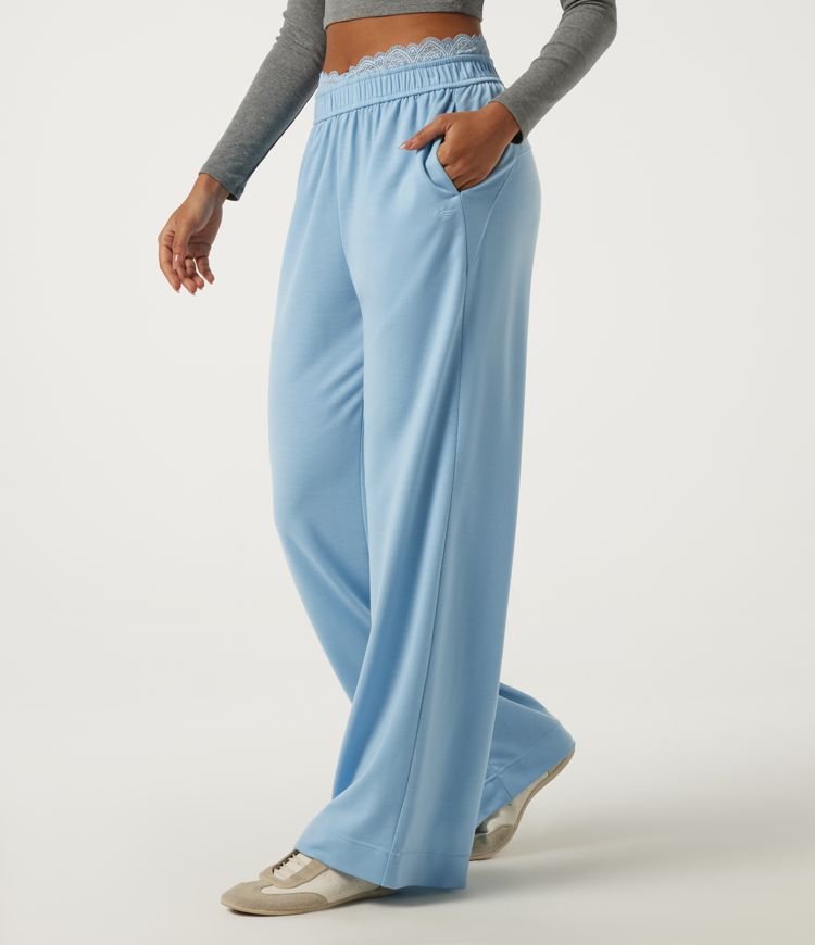 Mid Rise Straight Leg Contrast Lace Casual Sweatpants with Pockets