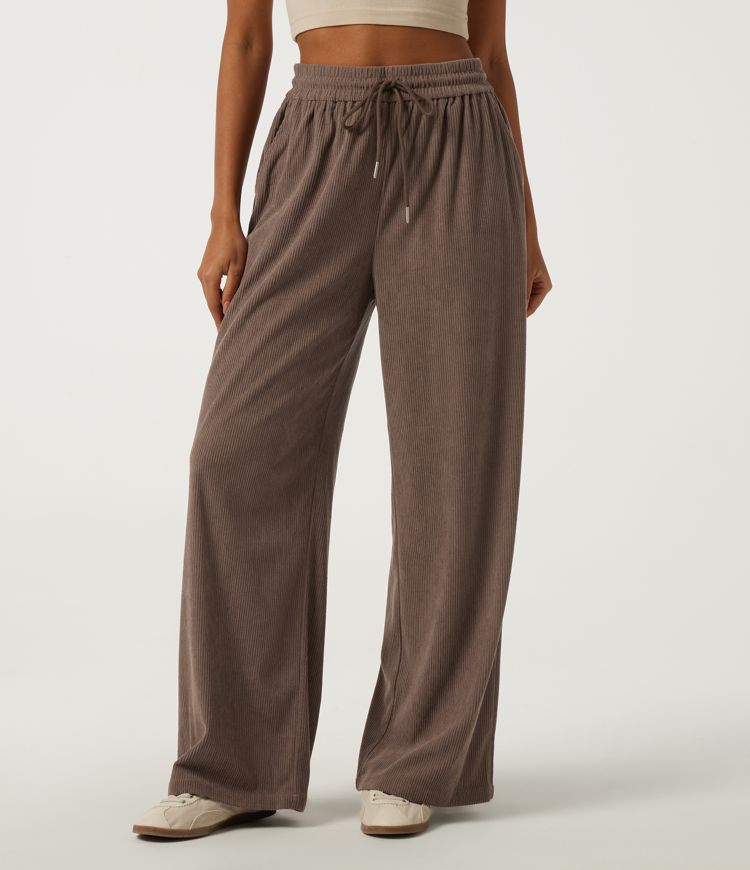 High Waisted Drawstring Baggy Corduroy Casual Pants with Pockets