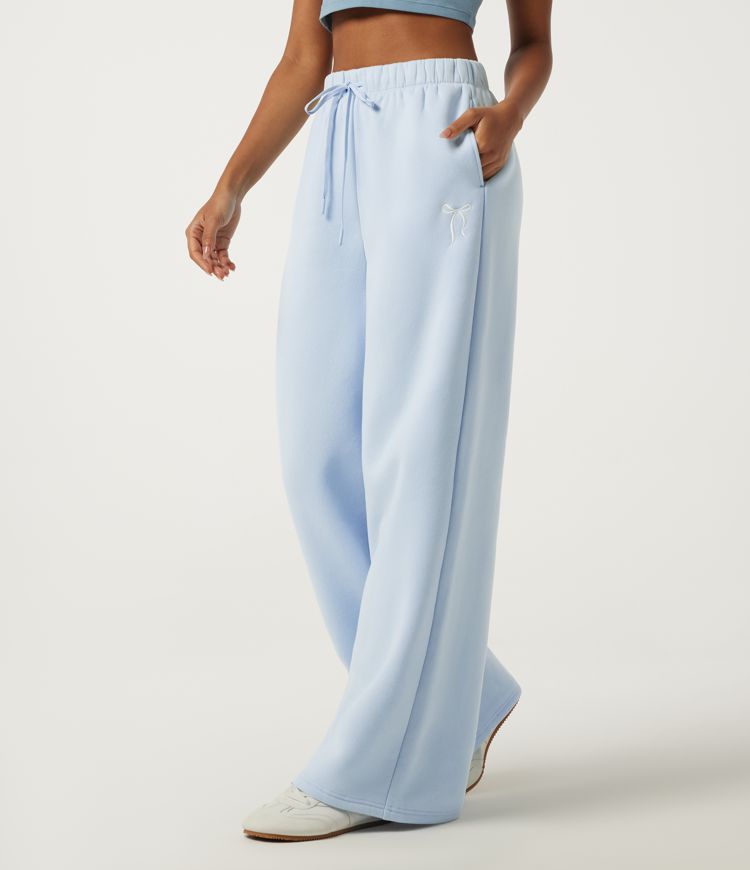 High Waisted Drawstring Baggy Embroidery Bow Casual Cotton Sweatpants with Pockets