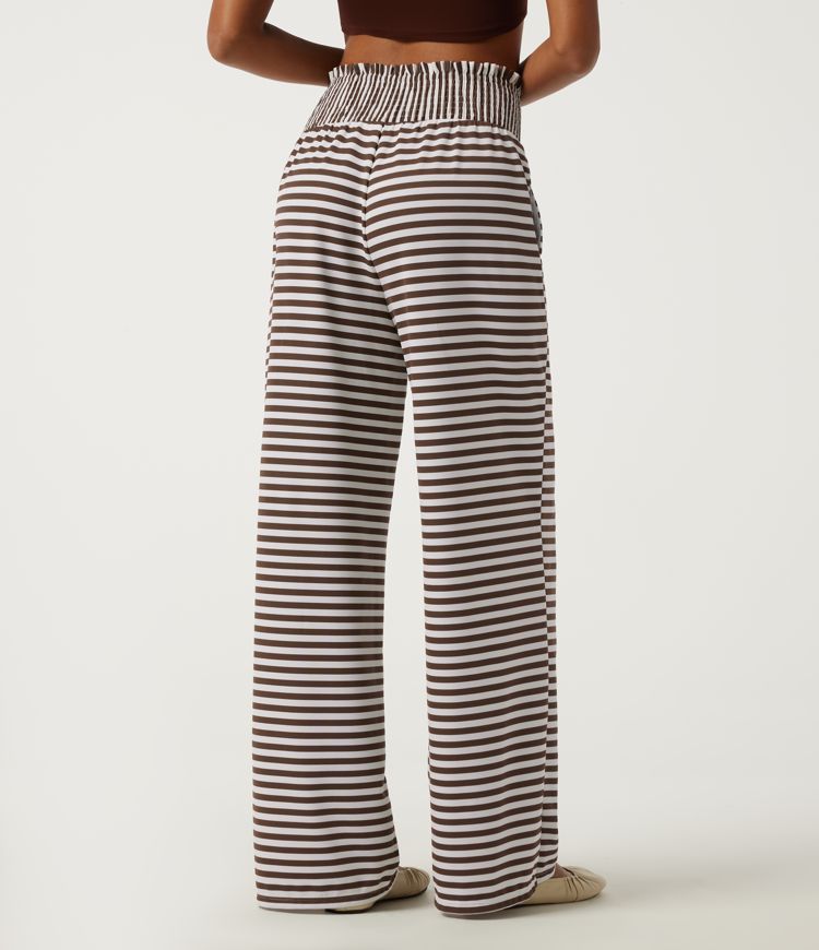 Mocha Cream Stripe High Waisted Shirred Wide Leg Stripe Waffle Casual Pants with Pockets / 2