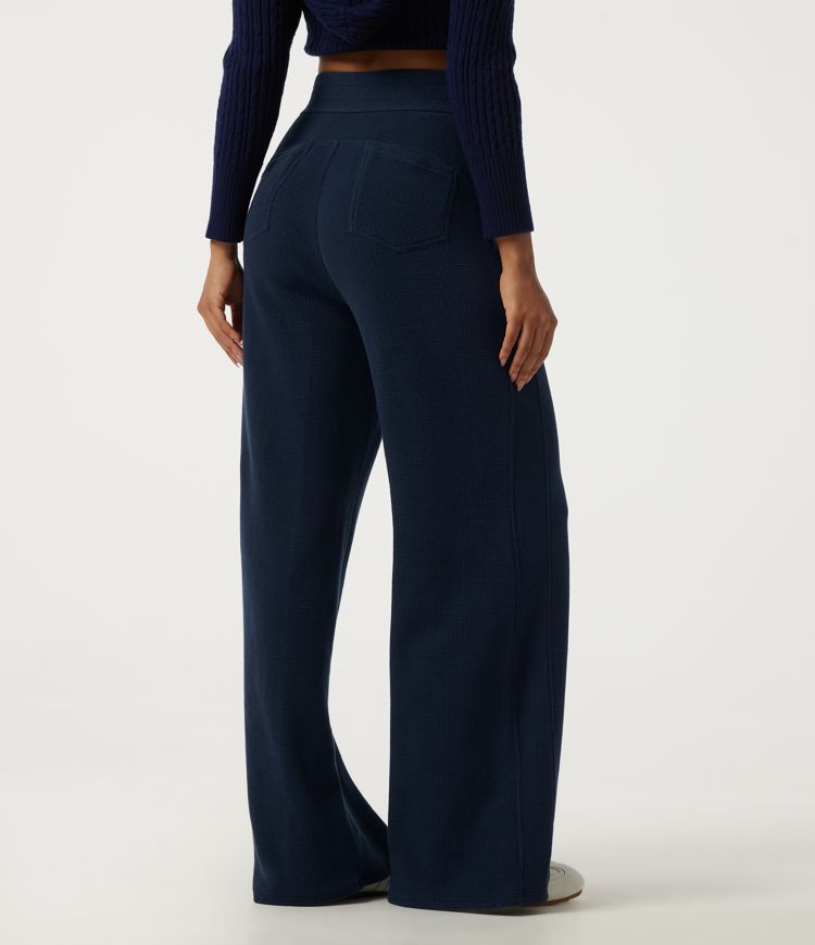 Moonless Navy High Waisted Wide Leg Casual Cotton Sweatpants with Pockets / 2