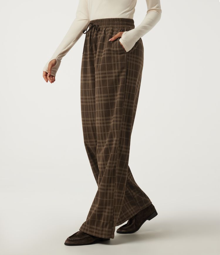 Pantalon décontracté taille haute en velours côtelé à carreaux, jambe large, cordon de serrage et poches