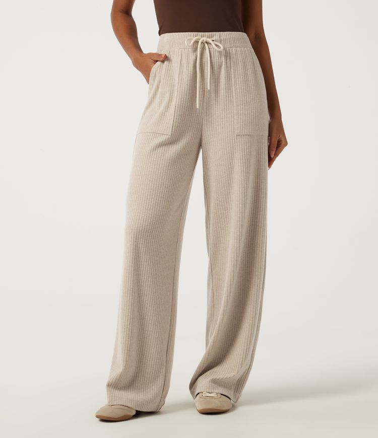 Pantalones informales de punto acanalado de talle alto con cordón, pernera recta y bolsillos