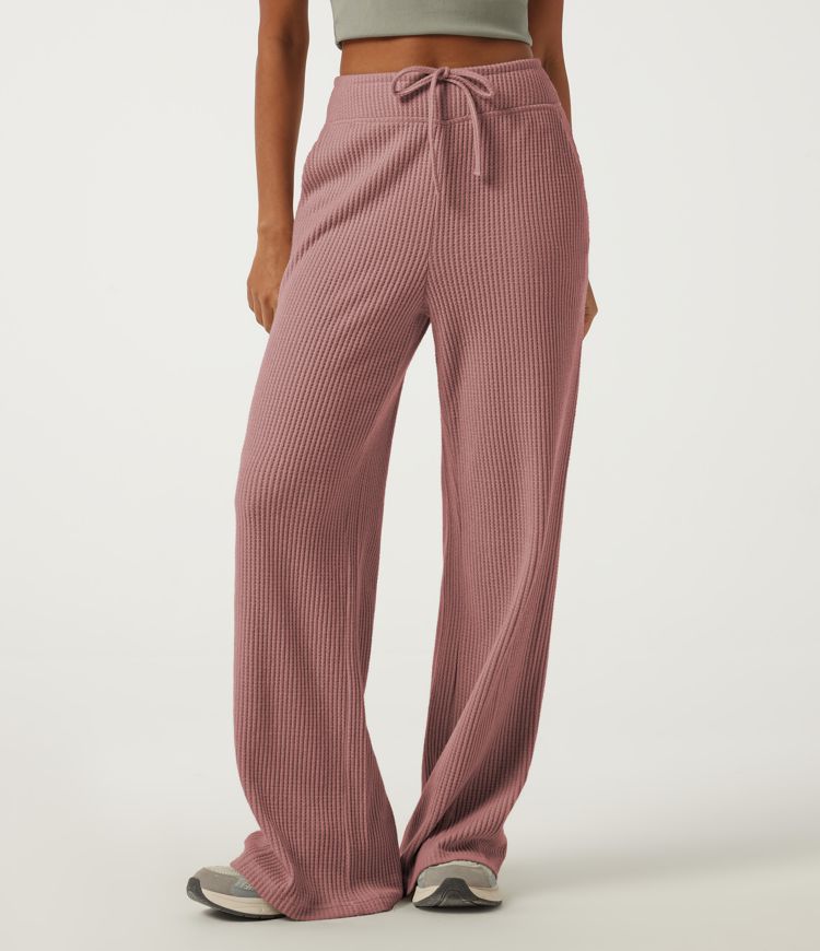 Wild Salmon High Waisted Drawstring Flare Waffle Casual Pants with Pockets / 1