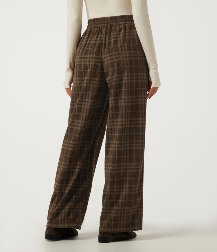 Cocoa Tartan Pantalon décontracté taille haute en velours côtelé à carreaux, jambe large, cordon de serrage et poches / 2