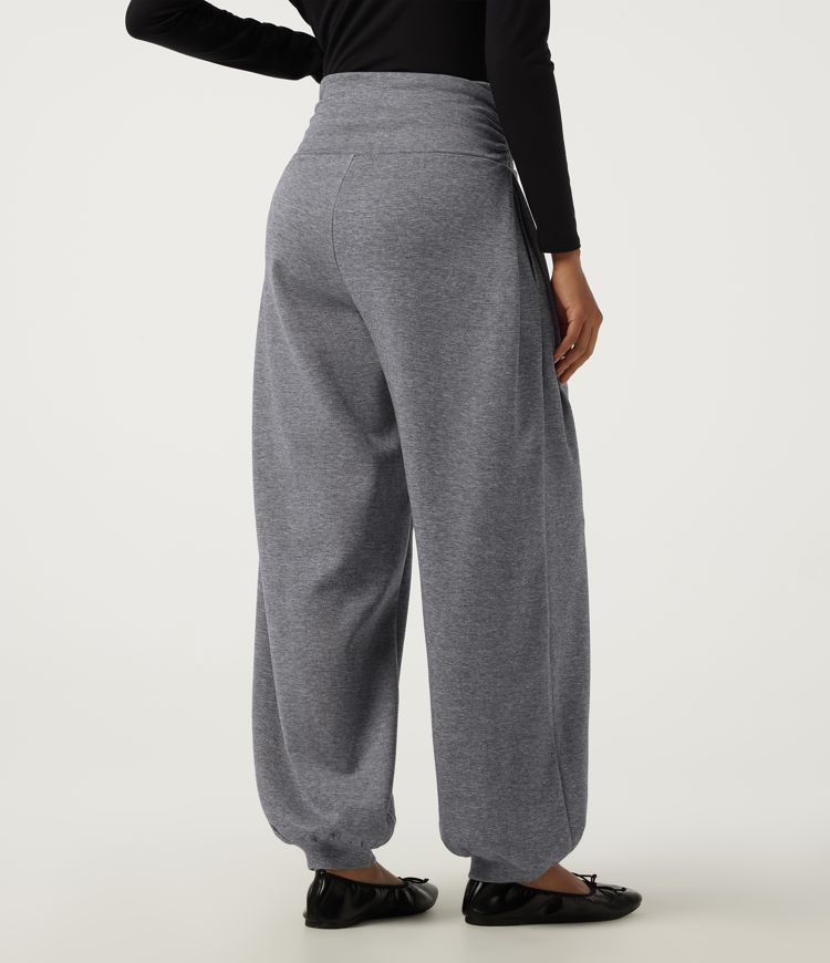 Mottled Grey High Waisted Crossover Ruched Casual Sweatpants with Pockets / 2