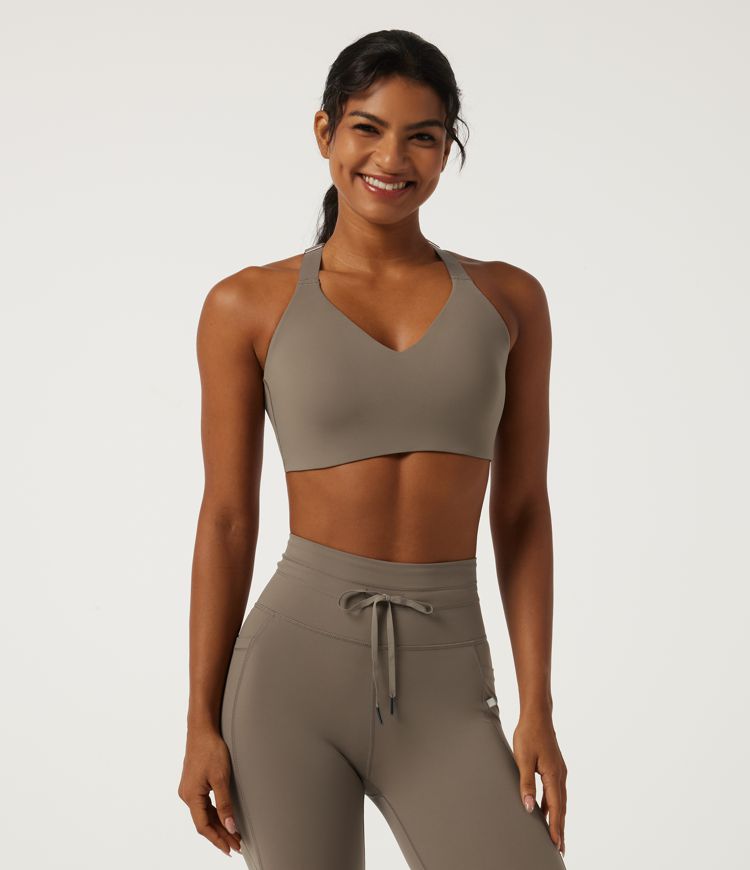 Hay Brown Deep V Neck Crisscross Back Training Sports Bras with Built-in Bra / 2
