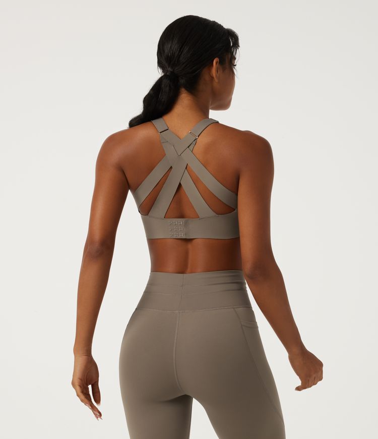 Brassières de sport pour entraînement, encolure en V profonde et dos croisé, avec soutien-gorge intégré