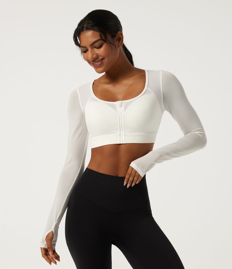 Blanc Haut de running à manches longues, col en U, coques non amovibles, empiècement en maille croisée, technologie InstantCool, séchage rapide / 2