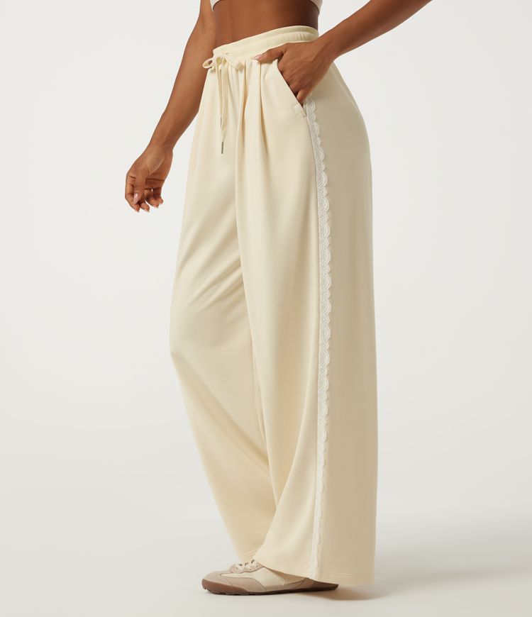 High Waisted Drawstring Wide Leg Contrast Lace Casual Sweatpants with Pockets