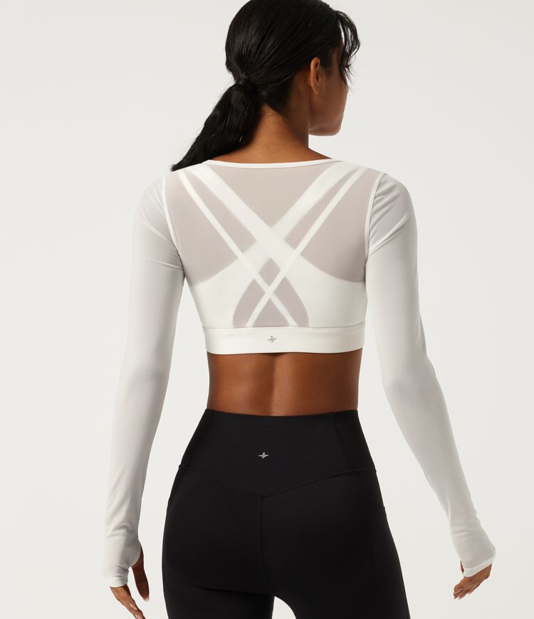 U Neck Long Sleeve Non-Removable Pad Crossover Mesh InstantCool Quick Dry Running Sports Top