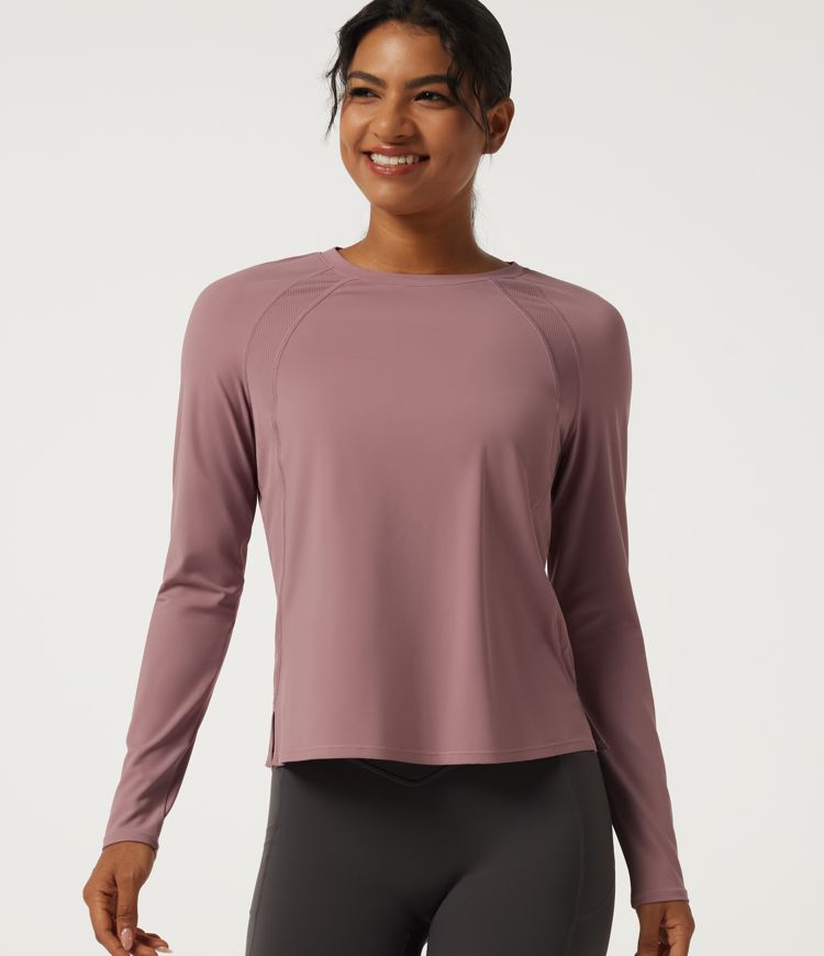 Round Neck Long Sleeve Contrast Mesh InstantCool Quick Dry Running Sports Top-UPF50+